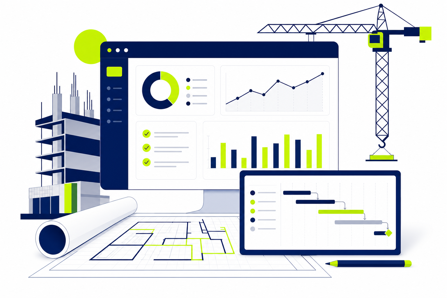 Projektmanagement Software für Bauprojekte mit digitalem Gantt-Diagramm und Bauplan-Darstellung