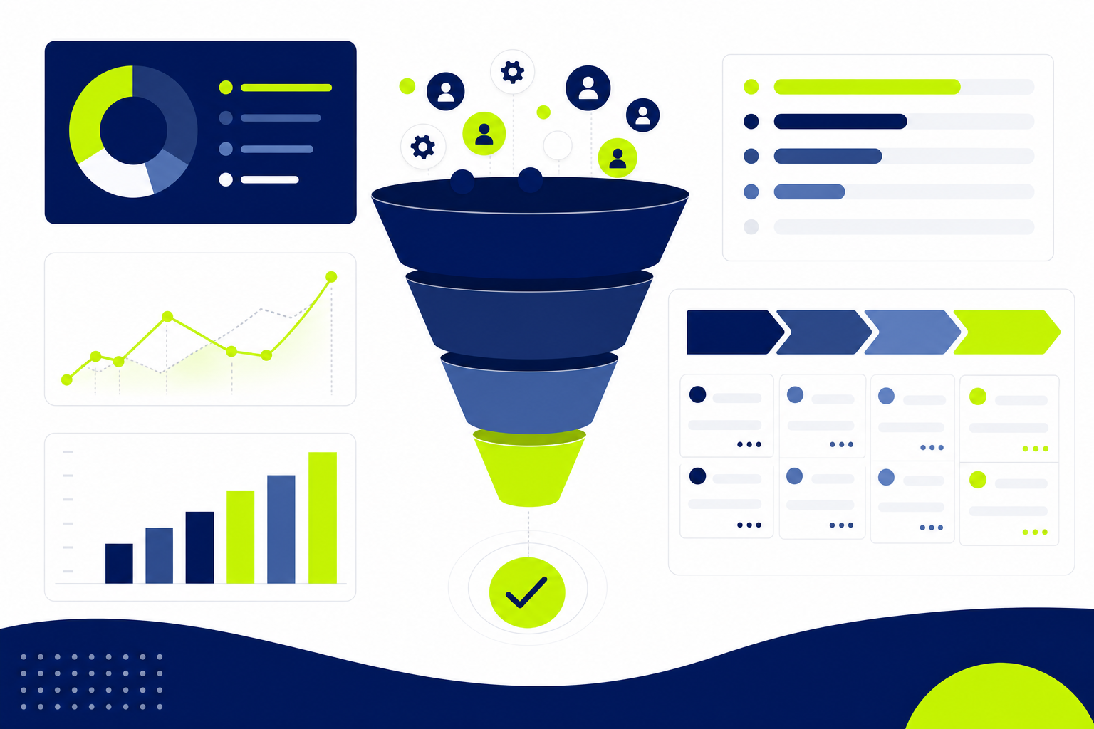 Sales Tracking Software Dashboard mit Vertriebspipeline, Kennzahlen und Deal-Übersicht als Illustration