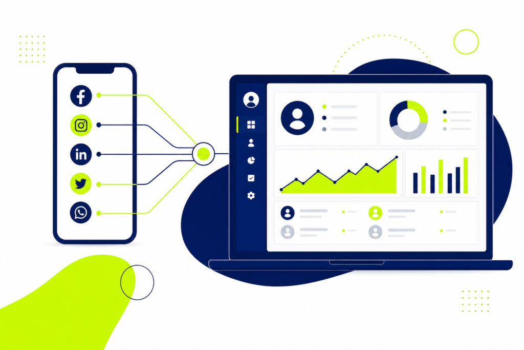 Social CRM Illustration: Social-Media-Symbole werden mit einem CRM-Dashboard verbunden