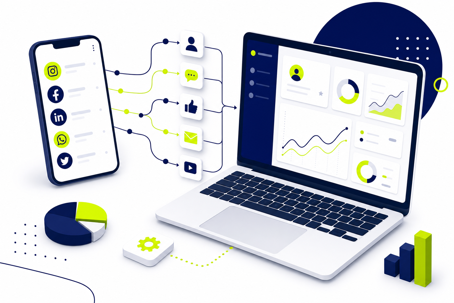 Social CRM Illustration: Social-Media-Symbole werden mit einem CRM-Dashboard verbunden