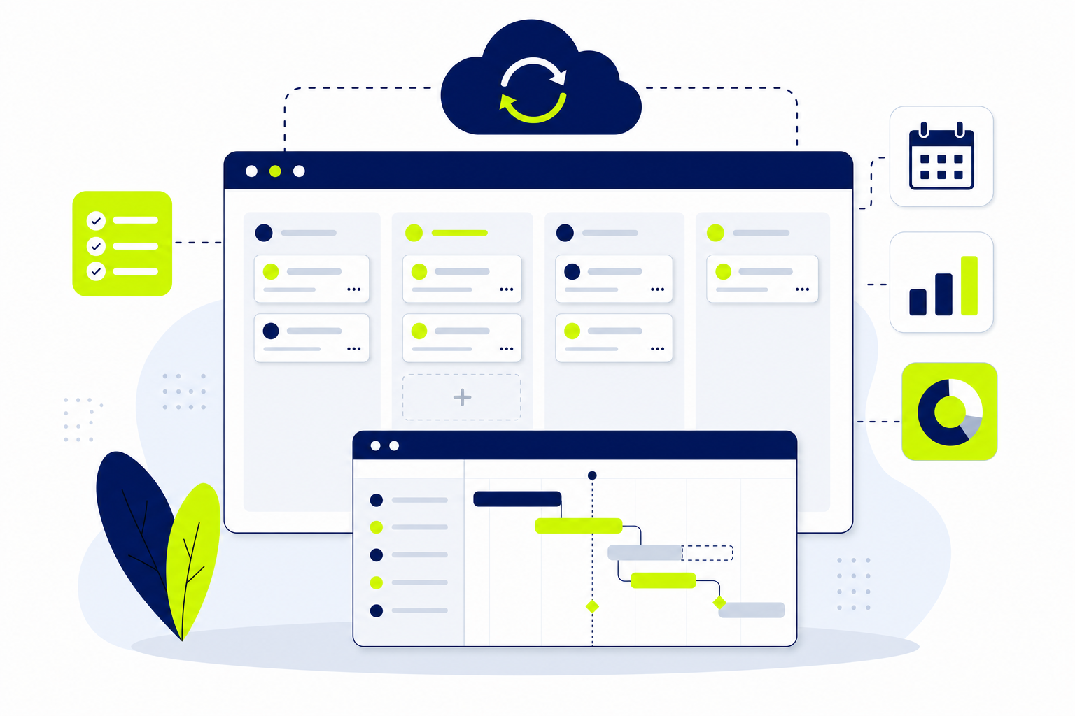 Cloudbasierte Projektmanagement Software mit Kanban-Board und Gantt-Chart im Browser
