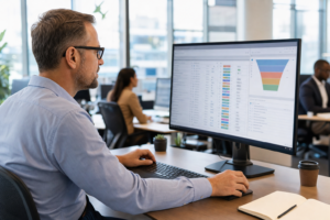 Vertriebsmitarbeiter analysiert CRM-Dashboard auf großem Bildschirm im modernen Büro