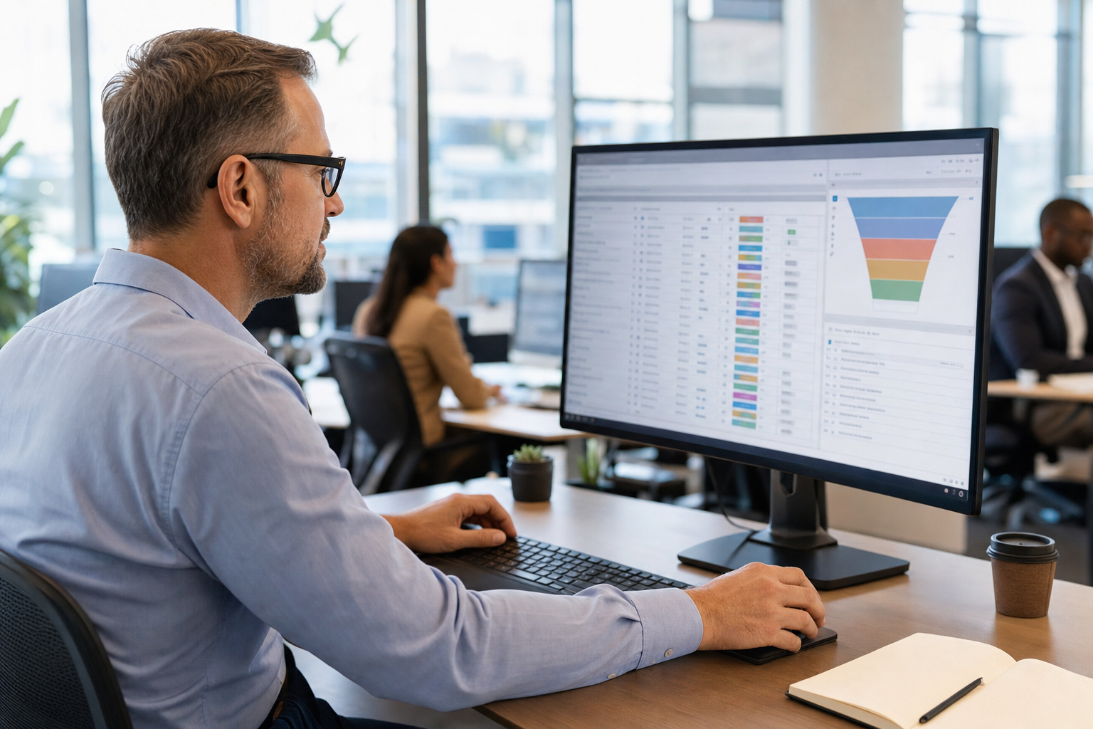 Vertriebsmitarbeiter analysiert CRM-Dashboard auf großem Bildschirm im modernen Büro