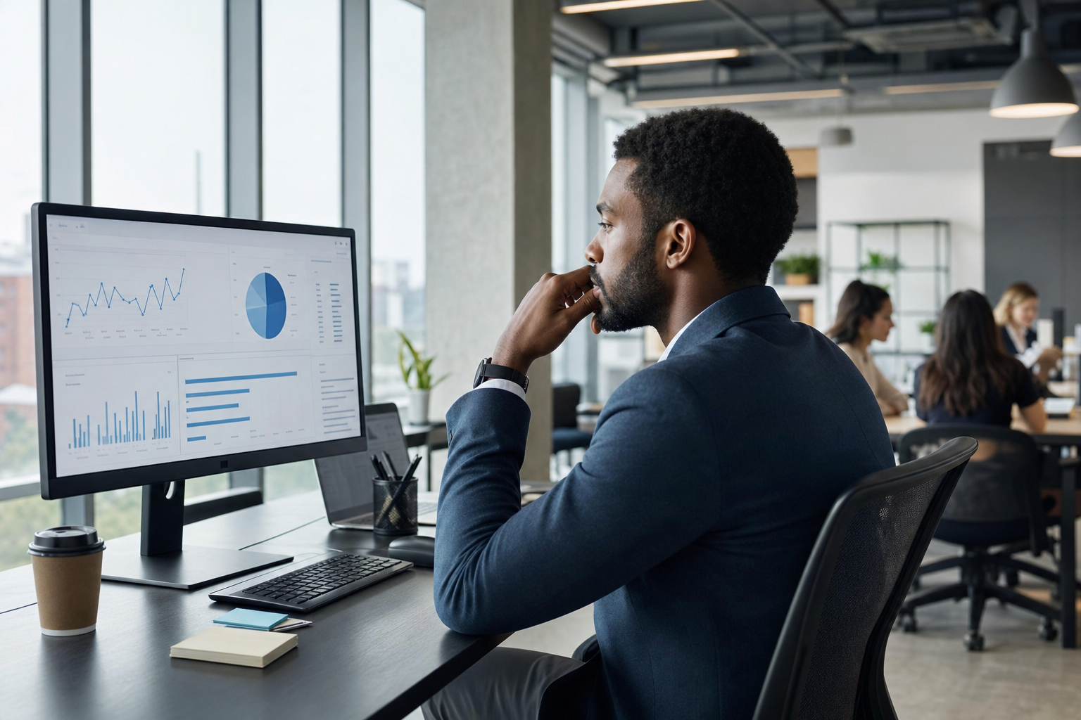 Vertriebsmitarbeiter analysiert CRM-Dashboard auf großem Bildschirm im modernen Büro