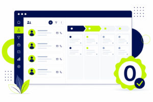 Grafische Darstellung eines kostenlosen CRM-Dashboards mit Kontakten und Vertriebspipeline in Navy und Grün