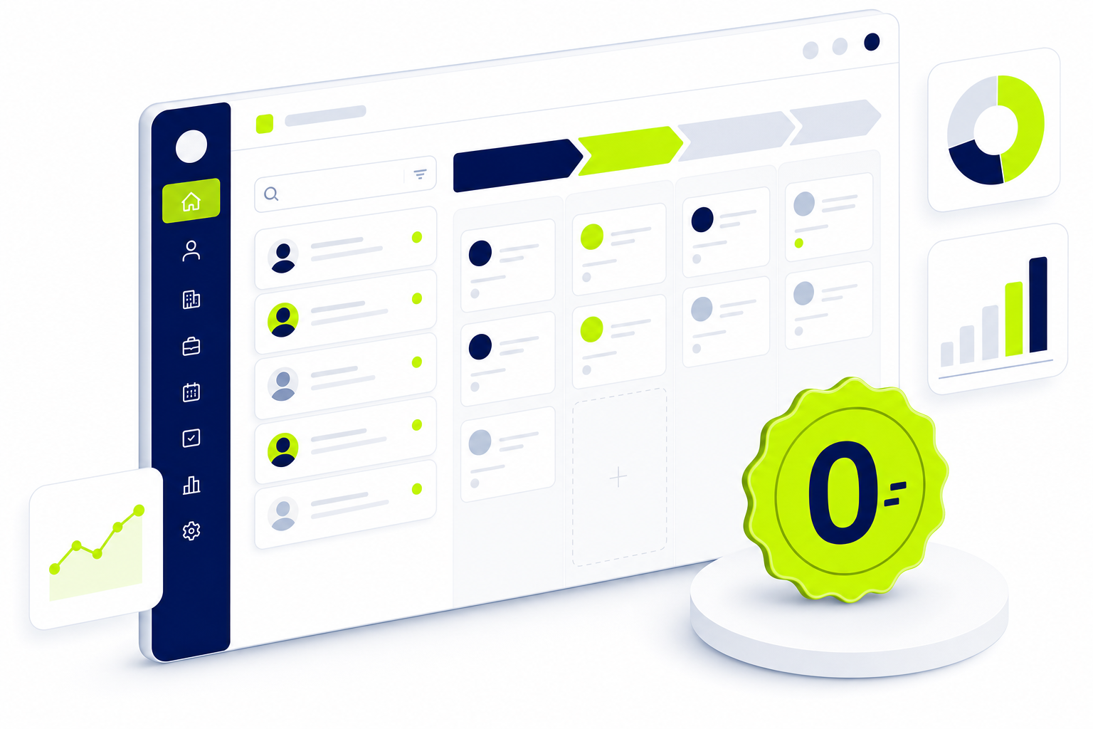 Grafische Darstellung eines kostenlosen CRM-Dashboards mit Kontakten und Vertriebspipeline in Navy und Grün