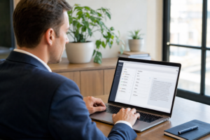 Vertriebsmitarbeiter analysiert KI-gestütztes CRM-Dashboard auf einem MacBook im modernen Büro