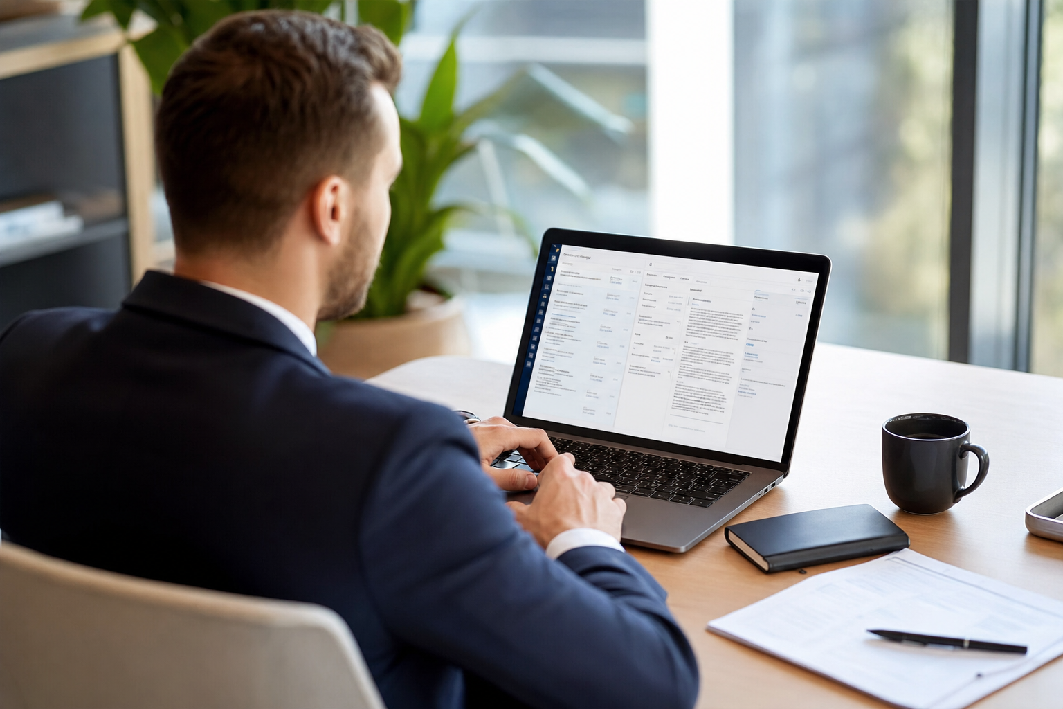 Vertriebsmitarbeiter analysiert KI-gestütztes CRM-Dashboard auf einem MacBook im modernen Büro