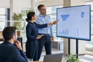 Vertriebsteam analysiert KI-gestütztes CRM-Dashboard auf großem Büromonitor