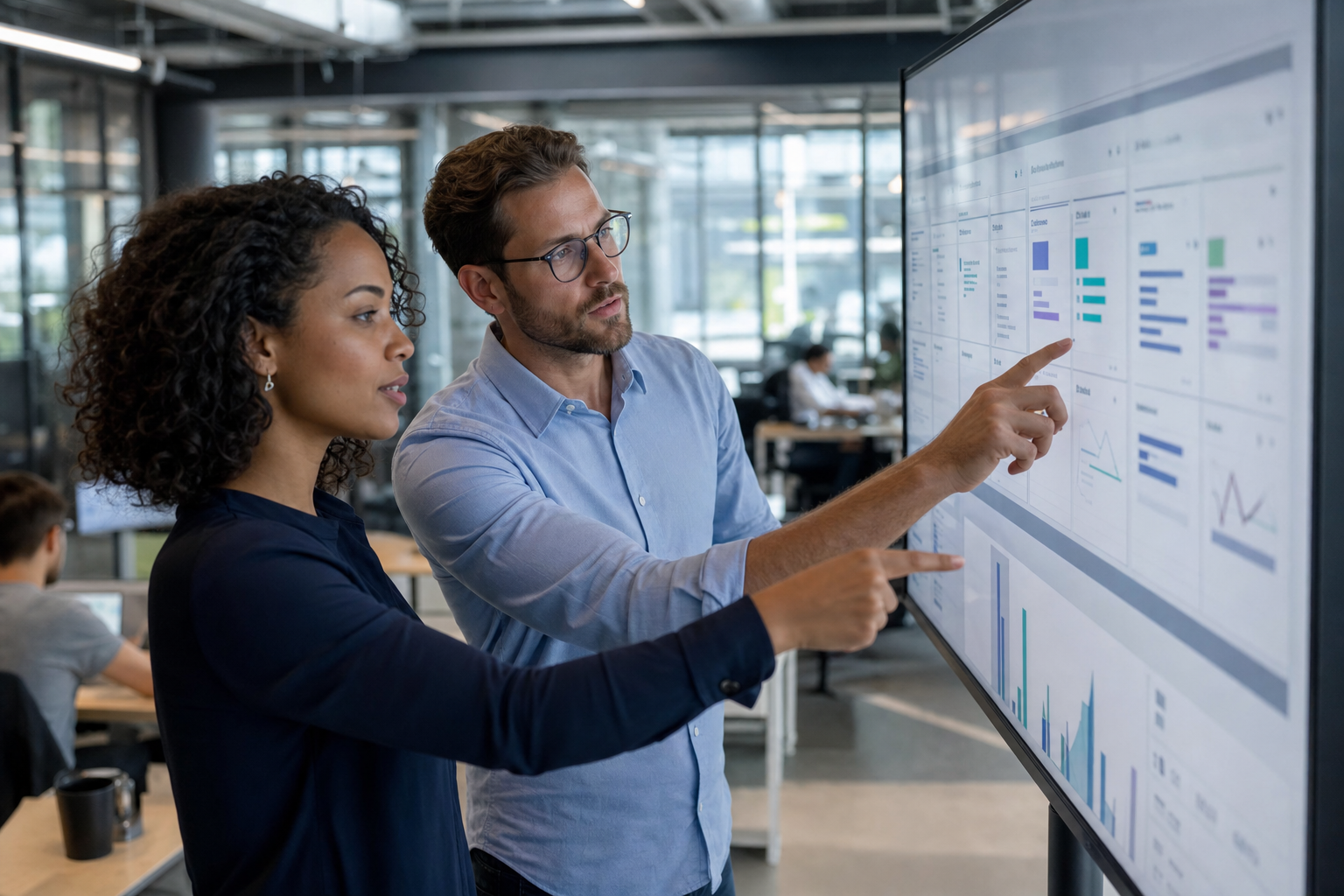 Vertriebsteam analysiert KI-gestütztes CRM-Dashboard auf großem Büromonitor