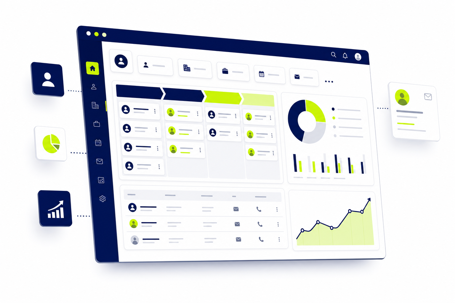 Kostenloses CRM System Dashboard mit Kontakten, Pipeline und Vertriebsübersicht als Illustration
