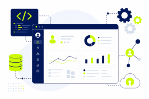 Illustration eines Open Source CRM Systems mit vernetzten Modulen und Quellcode-Symbolen