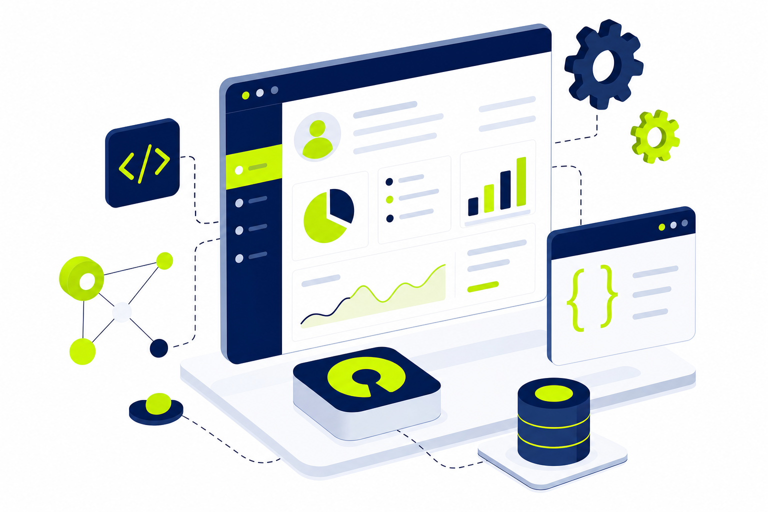 Illustration eines Open Source CRM Systems mit vernetzten Modulen und Quellcode-Symbolen