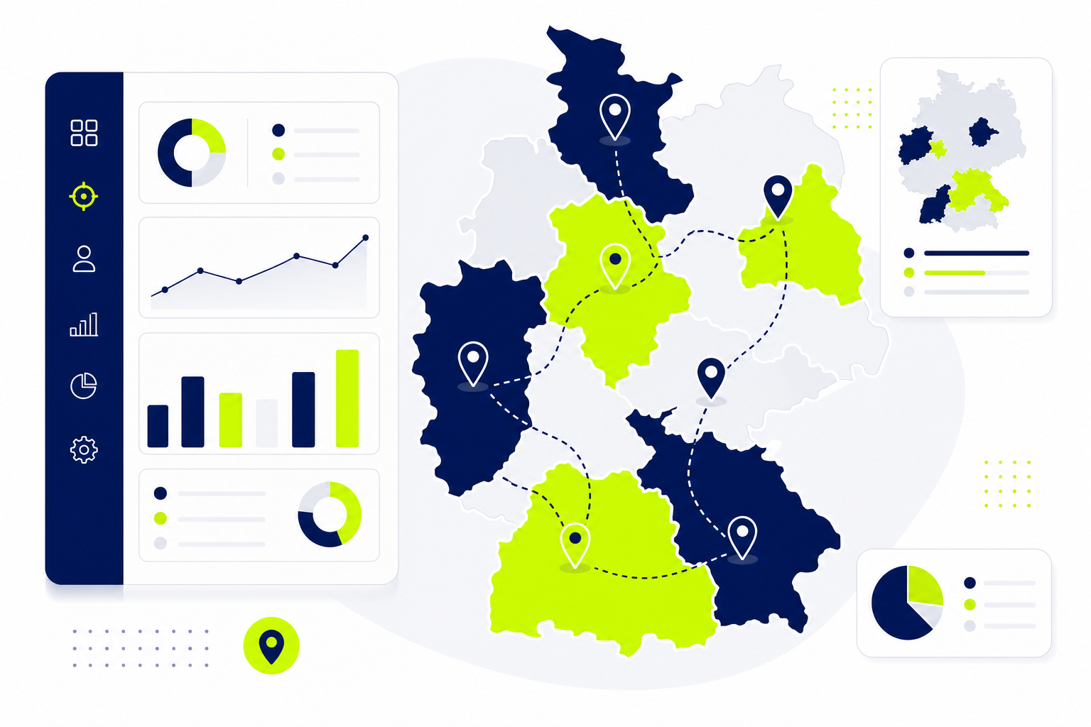 Sales Mapping Software Illustration mit Vertriebsgebieten auf einer digitalen Karte und Dashboard
