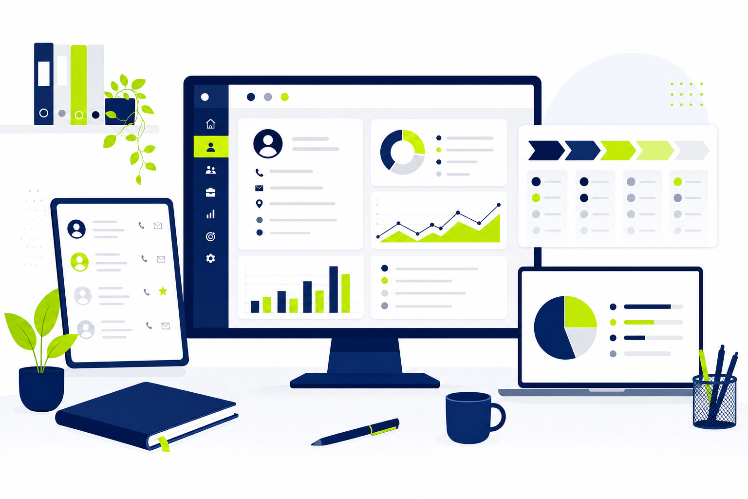 CRM für Finanzberater Dashboard mit Kundenprofilen, Pipeline und Analysecharts in modernem Flat-Design