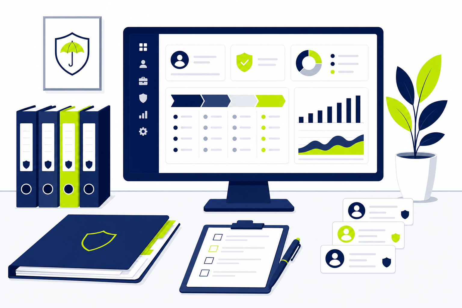 CRM-Dashboard für Versicherungsmakler mit Kundenkarten, Pipeline und Vertragsverwaltung