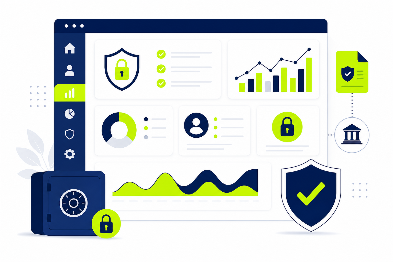 Finanz CRM Software Dashboard mit Compliance-Symbolen und sicherer Datenverwaltung für Finanzdienstleister