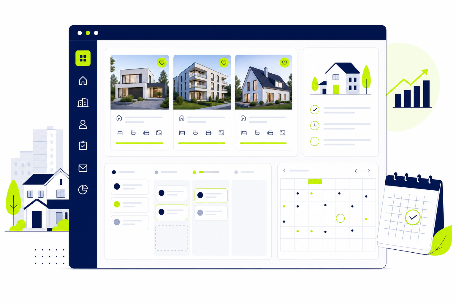 CRM-Dashboard für Immobilienmakler mit Kontaktpipeline, Objektkarten und Kalenderansicht